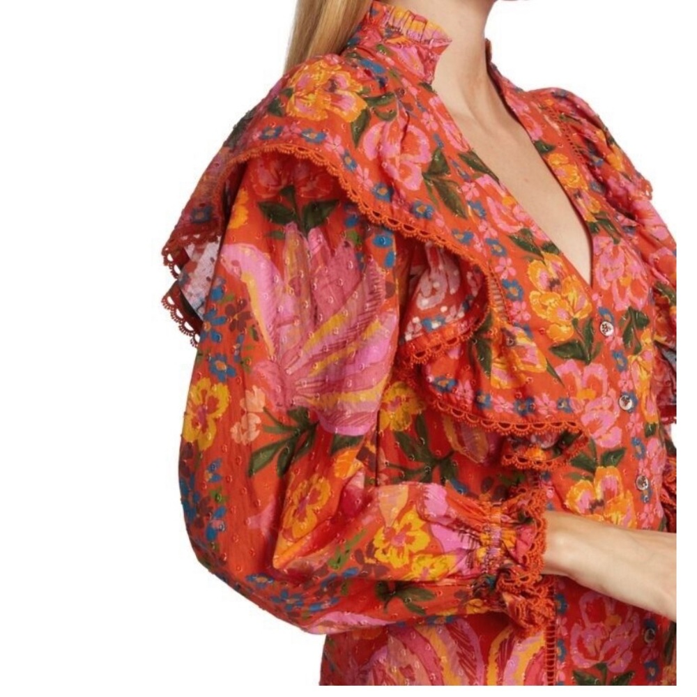 FARM Rio Red Orange Floral Ruffled V-Neck Blouse - Picture 3 of 7